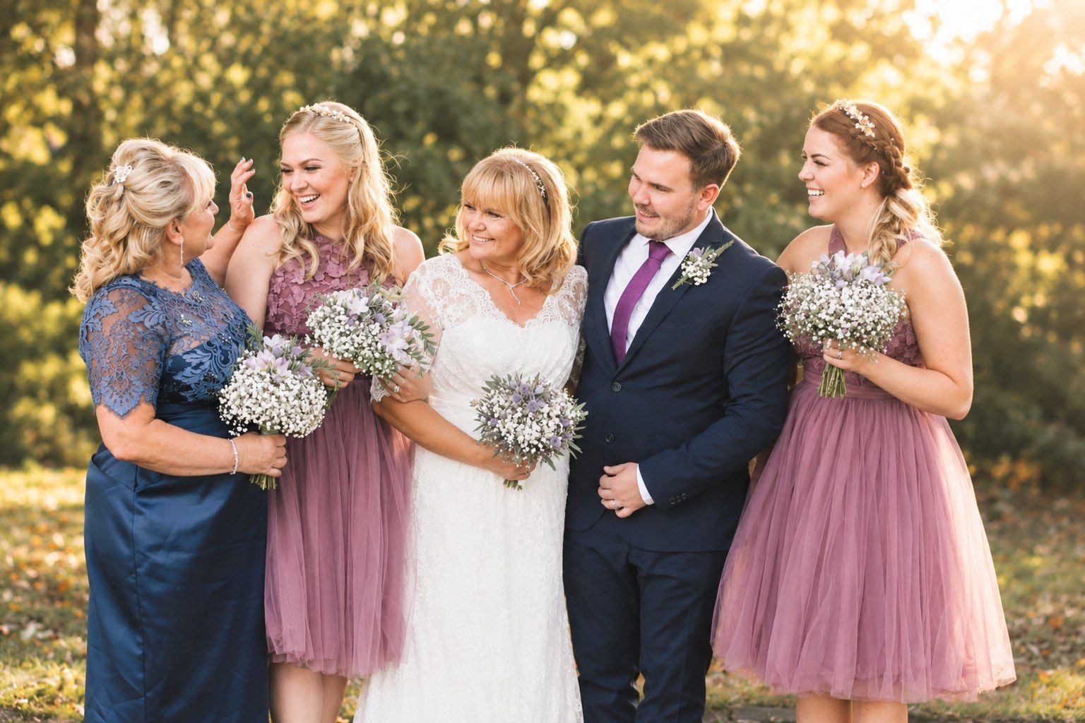 Bride and groom laughing with family and bridesmaids in lilac dresses in golden autumn light